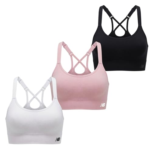 Women’s Seamless Strappy Sports Bra 3 Pack - Wirefree Athletic Bralette, Medium, White/Black/Pink