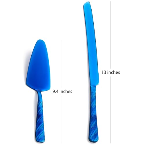 Blue Cake Cutting Set - Stainless Steel Knife and Server with Filigree Design