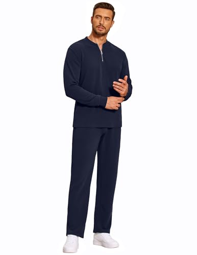 Men's Navy Blue 2-Piece Tracksuit Set Polo Athletic Sweatsuit Quarter Zip Jogging Outfit Large