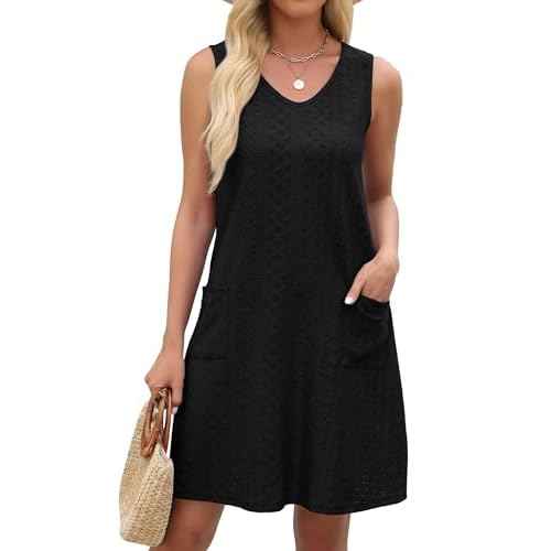 Swimsuit Coverup Summer Dresses for Women Eyelet Casual Loose Sleeveless Sundress with Pockets