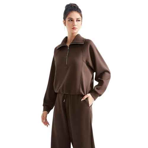 SUUKSESS Women 2 Piece Lounge Matching Set Wide Leg Sweatpant Half Zip Sweatshirt