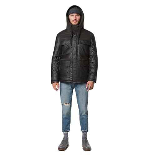 Andrew Marc mens Short Fabric Blocked Parka With a Sherpa Lined Hood Harrigan Hooded Cuff Tab With Adjustable Snap