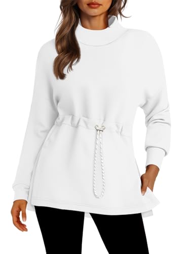 Women's Turtleneck Sweatshirt with Side Slit & Drawstring Waist - White, Large