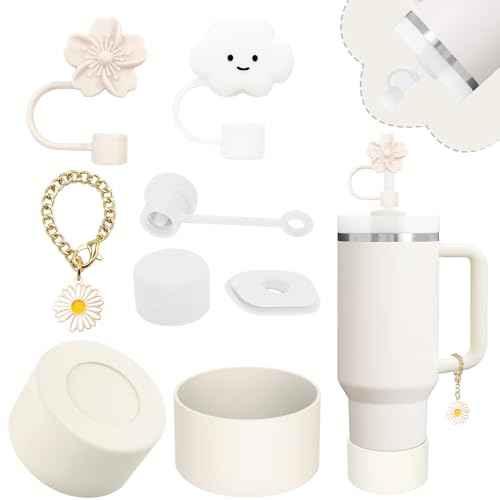Stanley Cup Accessories Set,Including 2 Pcs 0.4in Straw Cover, 1 Silicone Spill-Proof Stopper Set of 3, 1 Cute Flower Handle Charm, 1 Silicone Boot Fits Stanley 40&30 Oz Tumbler (Cream)