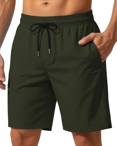 Men's 9-Inch Swim Trunks with Mesh Lining Quick Dry Breathable Pockets - Army Green, Large