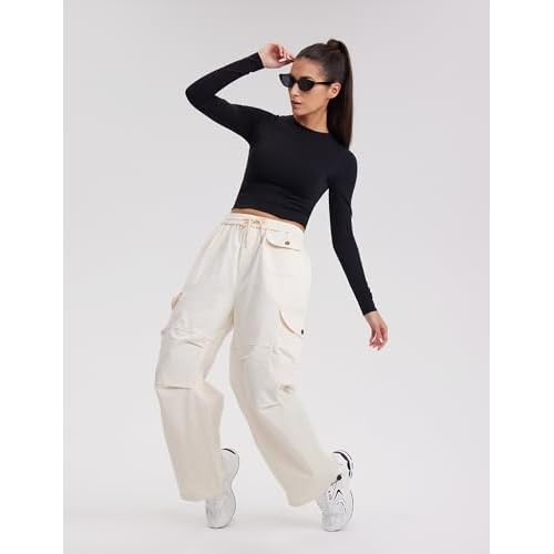 Womens Yoga Tops Long Sleeve Tight Workout Shirts Slim Fit Stretch Cream Feeling Gym Athletic Tee Crewneck