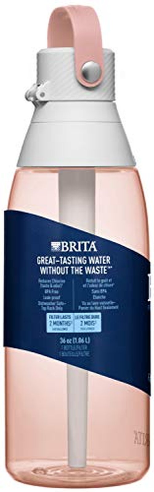 Brita Hard-Sided Plastic Premium Filtering Water Bottle, BPA-Free, Reusable, Replaces 300 Plastic Water Bottles, Filter Lasts 2 Months or 40 Gallons, Includes 1 Filter, Blush - 26 oz.