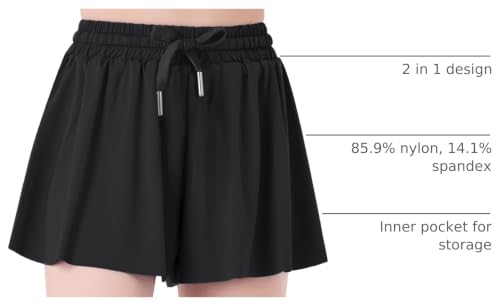 Girls 2-in-1 Butterfly Shorts with Pocket - 3-4T Black - Athletic Skorts for Running & Tennis