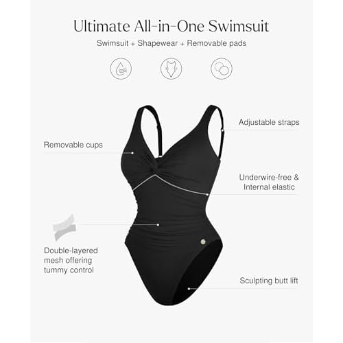Popilush Tummy Control Swimsuits for Women - Ruched One Piece Shapewear Bathing Suit Twist Front Swimwear
