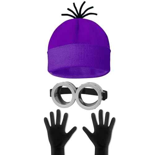 3 Pcs Halloween Costume Accessories Adult,Purple Beanie/Goggles Glasses/Gloves for Women Men Cosplay Party Set