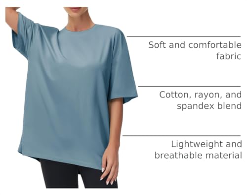 Women's Oversized Workout T-Shirt - Crewneck Basic Gym Top, Large Grey Blue