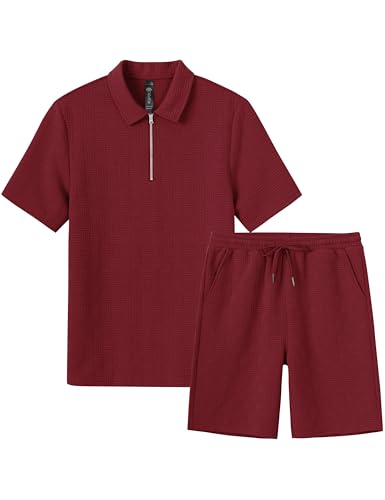 Men's 2-Piece Sweat Suit Set - Short Sleeve Casual Tracksuit 3X-Large Wine Red