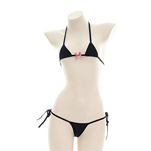 Women's Micro Tanning Bikini Set - Black Bowknot, One Size, Cute Anime Lingerie
