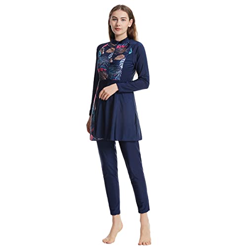 Long Sleeve Muslim Swimsuit with Built-in Bra & Hijab - Navy Blue, Large