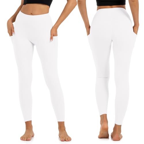 High Waisted Lounge Leggings with Inner Pocket - Buttery Soft Tummy Control Yoga Pants for Women, White, Large, Two Side Pockets