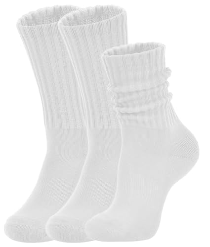 Women's Slouch Crew Socks 3 Pack - White, Cotton, Chunky Ribbed, Cozy Calf Socks, Size 5-11, One Size