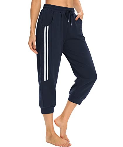 KaiDi Women's Navy Blue Capri Joggers with Pockets, Large