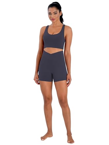 Sunzel Women's High Waisted Crossover Biker Shorts - 4 Inch Inseam, Large, Ash Blue