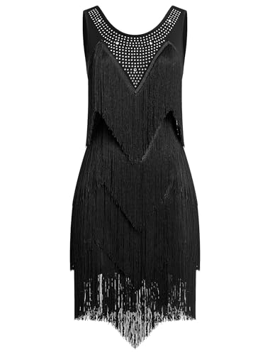 IWEMEK Black XX-Large Rhinestones Layered Fringe Dress for Women - BallGown Tassel Flapper Dance Costume