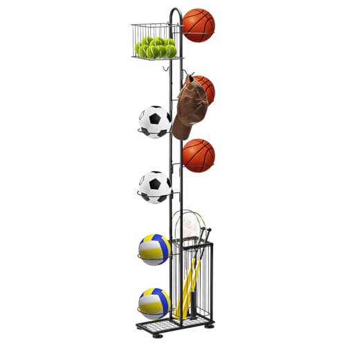 Sunexinlo 7-Tier Freestanding Basketball Storage Rack with Baskets for Indoor/Outdoor Sports Equipment
