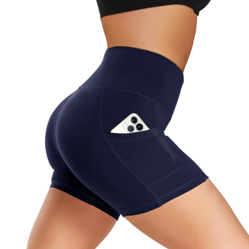 Women's Pockets Biker Shorts - 5 Inch Navy Blue Spandex Workout Yoga