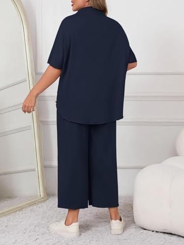 Women's Plus Size 2 Piece Lounge Set Navy 3X-Large Batwing Sleeve Top Wide Leg