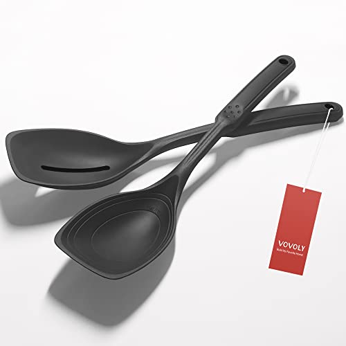 Vovoly Large Silicone Cooking Spoon Set Black - Deep Bowl & Measurement Mark, 2 PCs