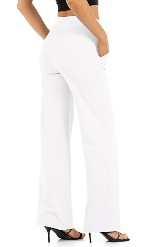 Wide Leg Pockets Lounge Pants for Women High Waisted Casual Palazzo - 29 Inch Inseam, White