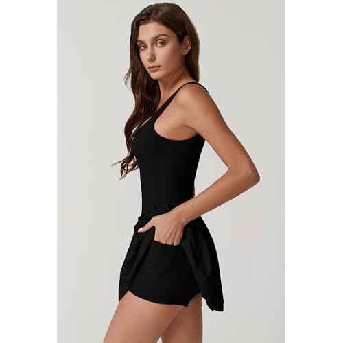 QINSEN Womens Square Neck Tennis Dress Pleated Sleeveless Built in Shorts Golf Athletic Dress with Pockets
