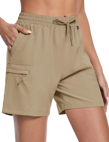 Women's Khaki 5-Inch Hiking Cargo Shorts - Lightweight, UPF 50+ Quick Dry Athletic Summer Shorts with Pockets