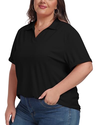 Plus Size Golf Polo Shirt for Women V-Neck Collared Short Sleeve Top - Black, XX-Large