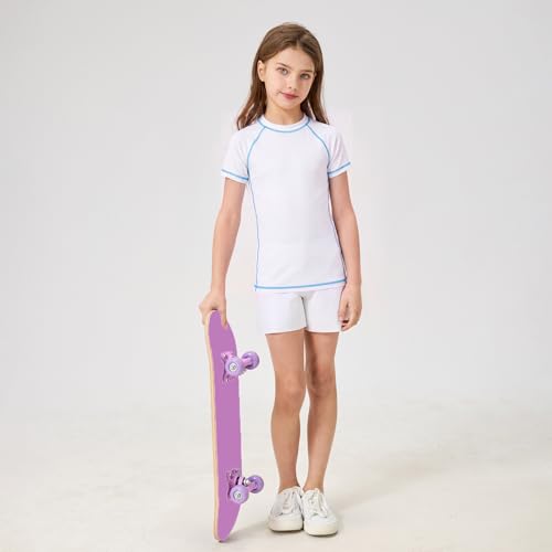Kids UPF 50+ Short Sleeve Neon Swim Shirt - White, Age 9-10 Years - Boys Girls Rash Guard