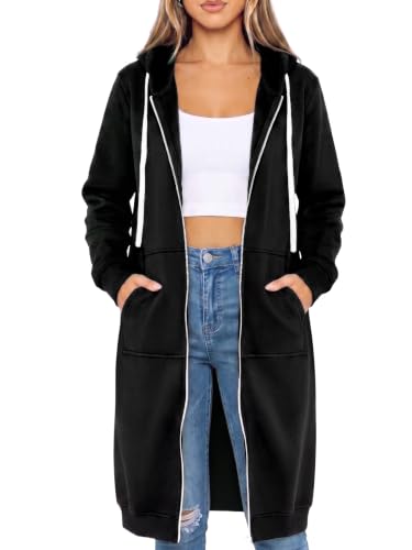 Women's Black Large Zip Up Fleece Hoodie with Pockets - Cozy Long Sweatshirt
