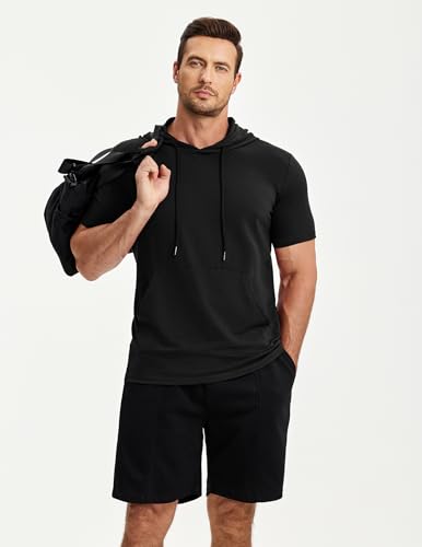 Men's Short Sleeve Hoodie T-Shirt with Pocket - Lightweight & Comfortable, Medium Black