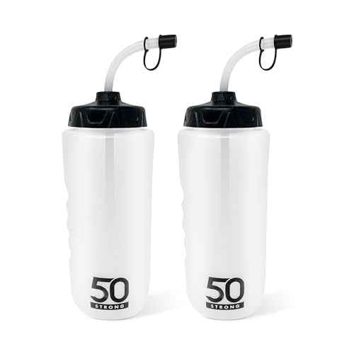 50 Strong 1 Liter Water Bottle with Straw ? 2-Pack Easy-Squeeze Sports Bottles with Long Straw & Built-In Finger Grip ? BPA-Free ? Made in USA ? Ideal for Hockey, Football, Lacrosse & Boxing