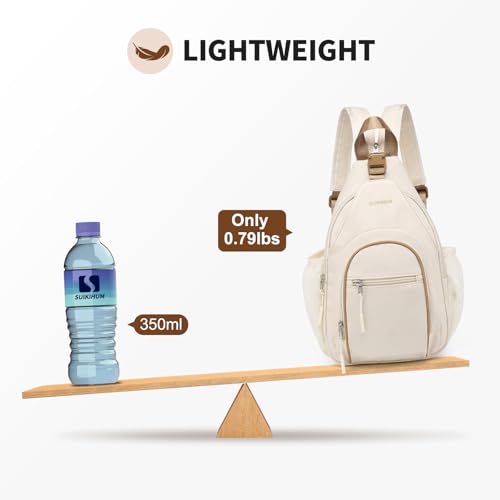 Beige Crossbody Sling Bag with Water Bottle Holder - 8.3 Inch