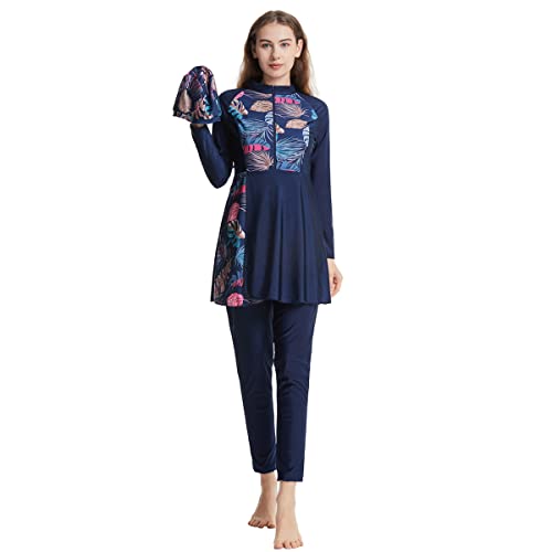 Long Sleeve Muslim Swimsuit with Built-in Bra & Hijab - Navy Blue, Large