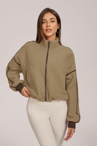 Women Fleece Cropped Full-Zip Jacket with Stand Collar & Pockets - Warm Outerwear