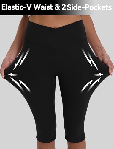 Women's Knee Length Capri Leggings with Pockets - Black, X-Large - Yoga & Workout Pants