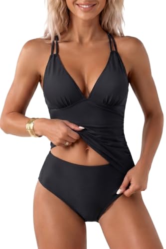 Women's Halter Tankini Two Piece Bathing Suit - Large Black