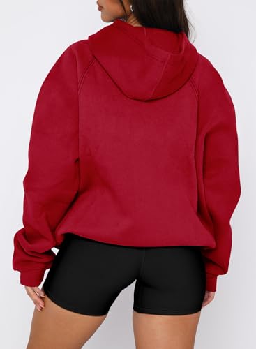Women Pullover Hoodie Sweatshirt with Kangaroo Pocket - Red, Small