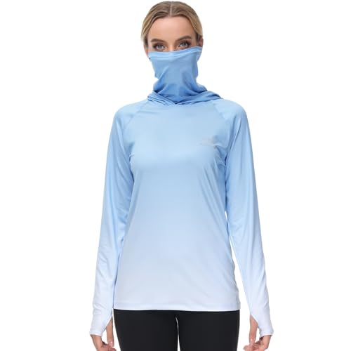 Women's Fishing Hoodie Shirt with Face Mask and Thumb Holes - UPF 50+ Sky Blue Spot Gradient - Medium