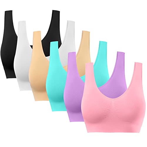 X-Large 07-6 Pack Women’s Seamless Sports Bras with Removable Pads - Black White Nude Pink Purple Lake Blue