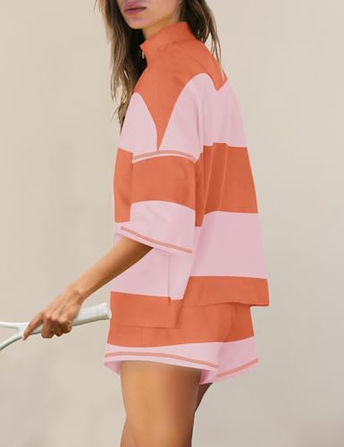 Women's Striped Workout Set - Summer 2 Piece Short Matching Outfit - Orange Pink Medium