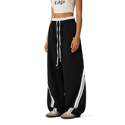 Aelfric Eden Double Waist Baggy Sweatpants Stripes Patchwork Wide Leg Casual Long Pants with Pockets