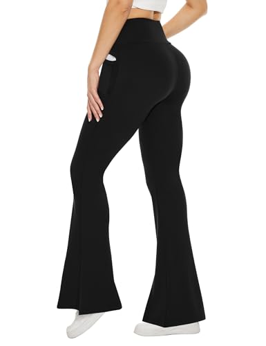 Black Flare Leggings for Women - Crossover Yoga Pants with Pockets - Small, V Rise-Two Pocket