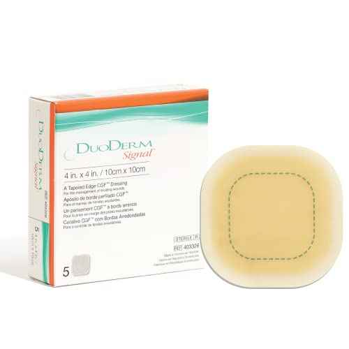 ConvaTec DuoDERM Signal CGF 4"x4" Hydrocolloid Tapered Edge Sterile Adhesive Dressing with Change Indicator for Exuding Wounds, Waterproof, Latex-Free, Flexible, Square, Beige, 5ct Box (3 Pack)