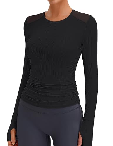 Women's Long Sleeve Crop Workout Shirts - Slim Fit Breathable Mesh Gym Athletic Tops