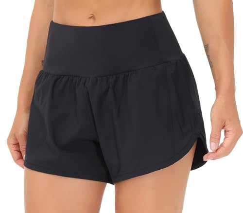 Women's High Waisted Running Shorts - Quick Dry Workout Shorts, Black, Large
