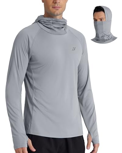 Men's UPF 50+ Sun Hoodie with Face Mask - Large Gray Outdoor Sun Protection Shirt